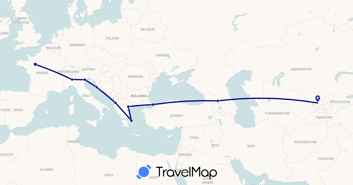 TravelMap itinerary: driving in Albania, France, Georgia, Greece, Croatia, Italy, Turkey, Uzbekistan (Asia, Europe)